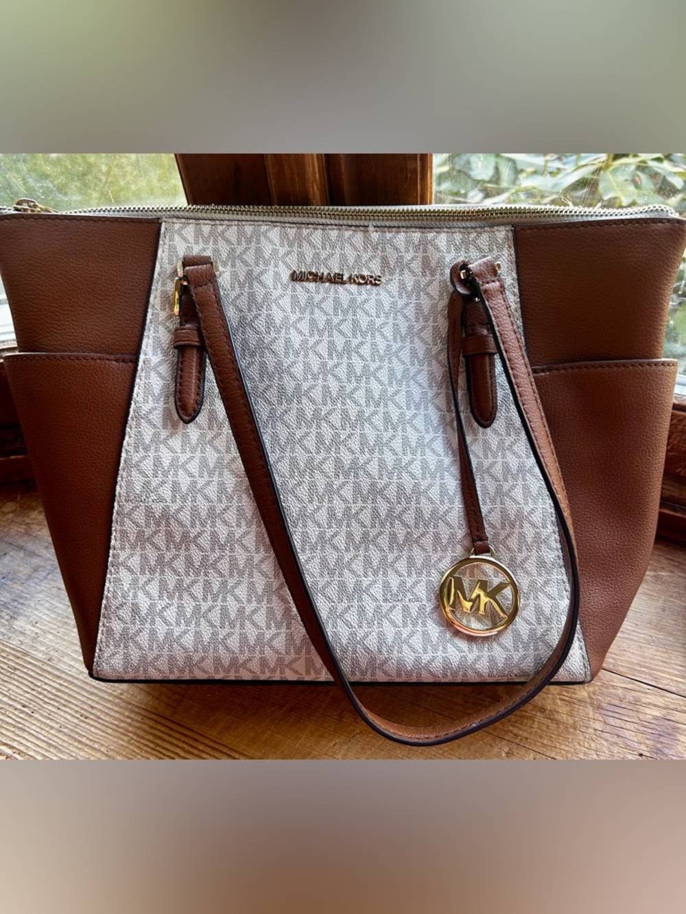 Michael Kors Charlotte Leather Top Zip Bag in Vanilla w/ Goldtone Hardware